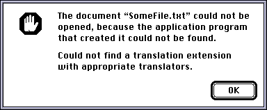 Screenshot of error dialog box, saying that a file could not be opened because the application program that created it could not be found