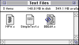 Screenshot depicting three text files in a Macintosh System 7 folder, created by MPW, BBEdit, and SimpleText