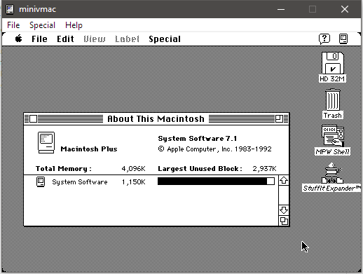 System 7.1 running on an emulated Macintosh Plus